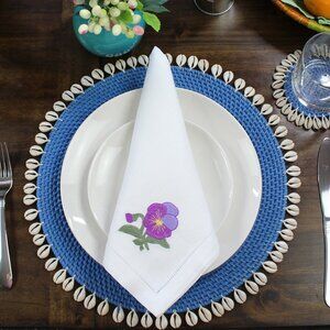 NEW Set of 4-Premium Placemats-Seashell-Trimmed Rattan-Blue-Eco Handcraft